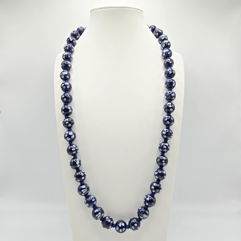 Chinese Export Porcelain Beaded Necklace Navy Blue Vintage Unique 12mm 24" Vtg